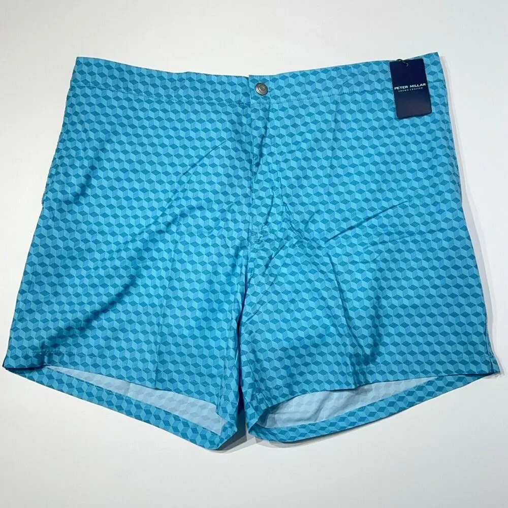 NWT $110 Peter Millar Men's Blue Geometric 5.5” Swim Trunk Lined Size XL (A8)